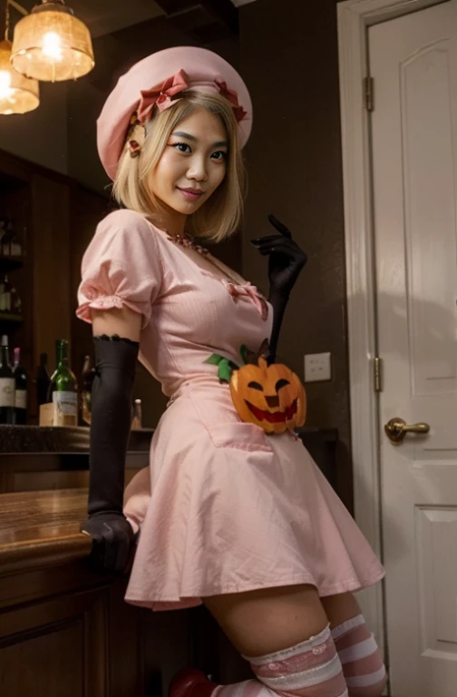 (1 lady), The beautiful, (Best quality at best:1.4), (ultra - detailed), (extremely detailed CG unified 16k), gold blonde hair, very detailed, High-definition RAW color photo, professional photoshooting, amazing face and eyes, cosmetics, (amazingly beautiful girl), ((lambdadelta)), ((dress, shoes bow, red shoes, striped stockings, red bow, pink hat, necklace, gloves, pearl, pumpkin brooch, pink dress)), standing, (spread your legs), sexyposture,(Dark and stylish bar, drinks, lamp lights, lamp lights饰:1.3), (look from down), realistic cinematic face, head to feet long wide zoomed out view, full body long view , photorealistic, ((realistic natural dirty blonde hair style, honey eyes)), gorgeous, extremely beautiful face, perfect model beauty, , pout mouth, flirting smile, cleavages, city girl, western, shopping in the city, (masterpiece), best quality, high resolution, extremely detailed, blurred background, depth of field, cinematic lighting, amazing legs, high heels