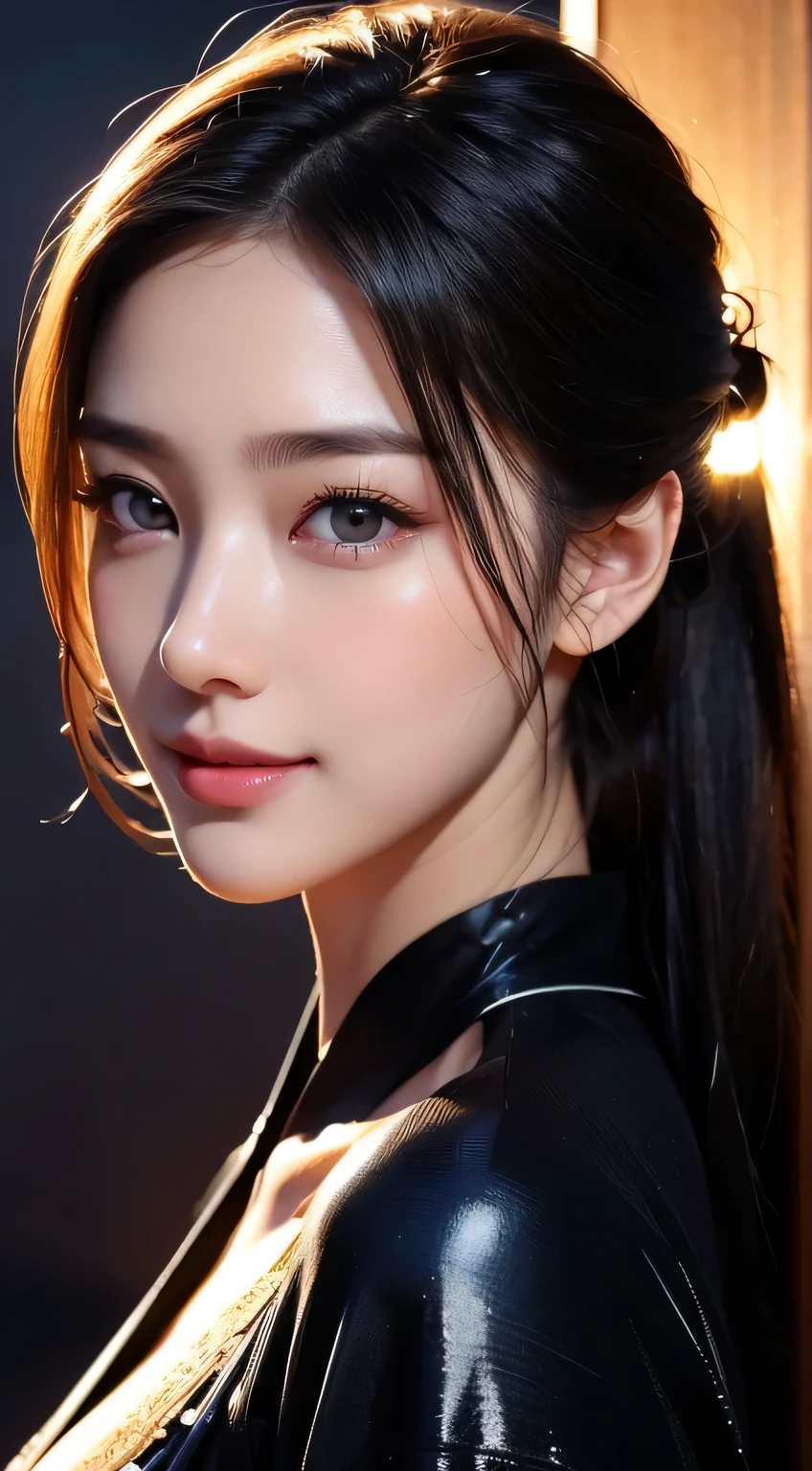 Beautiful woman in kimono,body portrait、8k,fine and beautiful eyes,Dindal effect、masterpiece, 最high quality, high quality, High resolution、very detailed photos、(natural skin texture、fine skin、hyper realism、Super sharpness)、high detail skin、(very detailed、fine skin texture、intricate details、beautiful face、(lifelike face)、realistic eyes、beautiful and detailed eyes、real looking skin、beautiful skin、surreal、very detailed、golden ratio、with smiling eyes、((night moonlight background))、body portrait、shiny bodysuit、Take a picture of the whole body