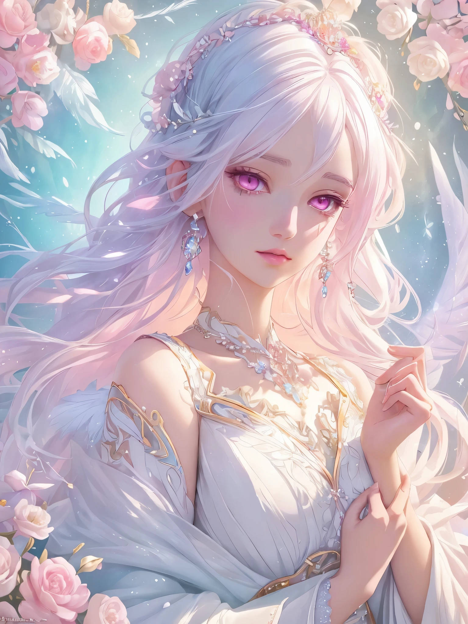 Dazzling colorful light,intricate details,A closeup of the face,pale pink eyes and white hair with crystal details,beautiful woman,white flowers on her hair,pale skin,light background,fantasy art style,Kawacy's ethereal illustration,pastel colors,anime aesthetic inspired,ethereallight,fantasyinspired,clavicle,Shoulder exposure,Floating feathers,resplendent with variegated coloration,in the style of anime.,Side angle of view,UHD,textured skin,high details,best quality,best quality,