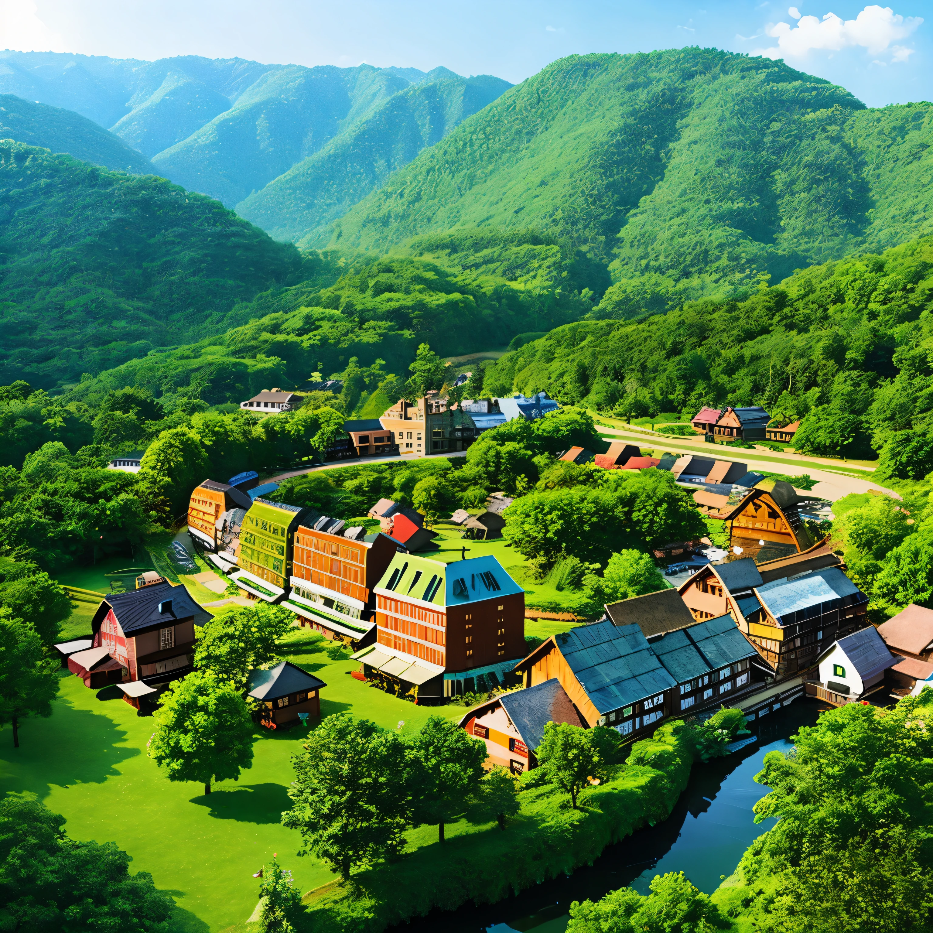 3d village surrounded by dense forest