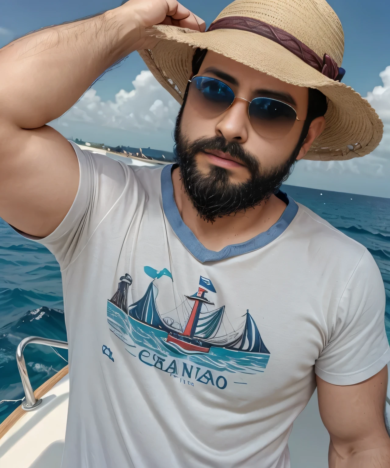 Parte superior del cuerpo, 38 year old man with beard and sunglasses. Hombre vistiendo playera blanca, sailing in Cancun surrounded by men , muy hermoso. Super polished and cool, plano medio de un guapo.