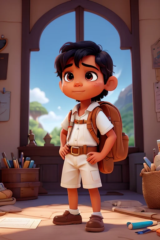 In the enchanting world of Disney, Imagine a Indian boy in white underwear, A pen behind the ear, Carry a backpack on your shoulder. His eyes are bright, round, Writing and drawing on paper out of curiosity. High-definition pixels bring this fascinating scene to life, Every detail is drawn with the utmost care and precision.