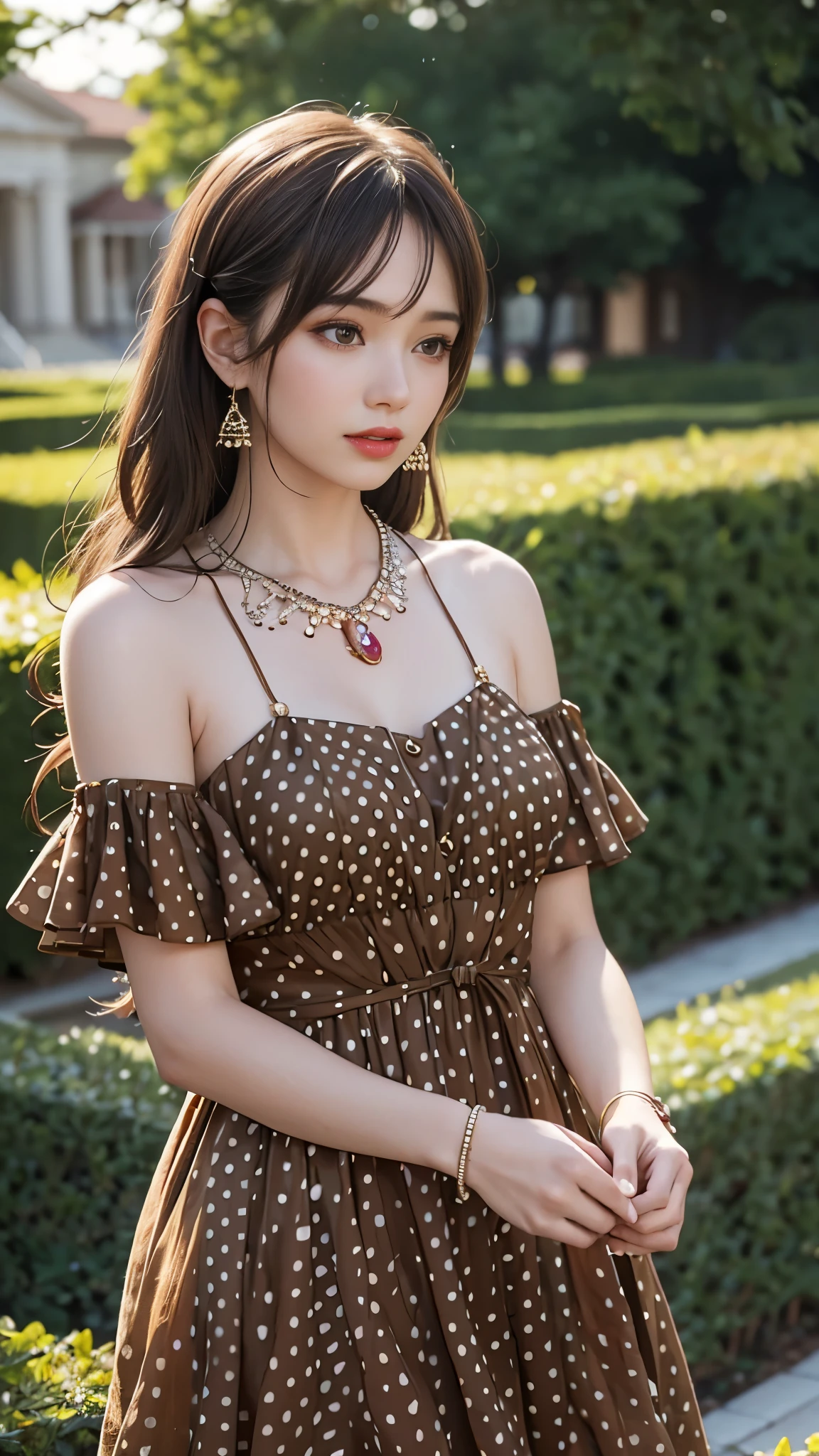 best quality, masterpiece, 1girl, (polka dot dress), (brown dress:1.5), hair ornament, necklace, (jewellery:1.8), Beautiful face, small breasts, tyndall effect, photorealistic, rim lighting, two tone lighting, (high detailed skin:1.2), dslr, (spreading light:1.5) soft lighting, high quality, volumetric lighting, candid, in the garden, Photograph, high resolution, 4k, 8k, Bokeh,