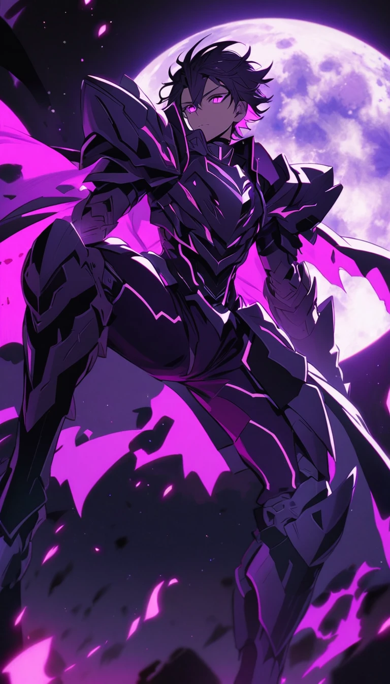 Ananime boy in dark purple and cyan and pink color theme in a dark night staring at the moon falling on earth the boy full armored in dark purple