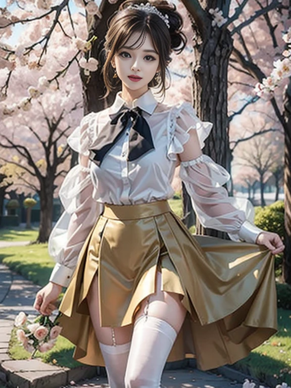 ((whole body)), ((from below)), ((Smelling the scent of flowers)), ((realistic)), 1 girl, looking at viewer, detailed scene, Curly hair, air bang, beautiful hair accessories, Short yellow hair with a brown tint, ((white colored blouse, short black tight skirt, neck bow tie, high heel)), (Campus Style), warm lighting, warm color palette, More details, very detailed, (masterpiece, best quality), (Very detailed and beautiful work), delicate earrings, delicate necklace, simple blurred background, extreme detail description, Ultra-fine painting, delicate face, slim body, (smile, tooth exposure), (anatomy correct), tight dress, cherry blossom road with river, Walking figure, stockings