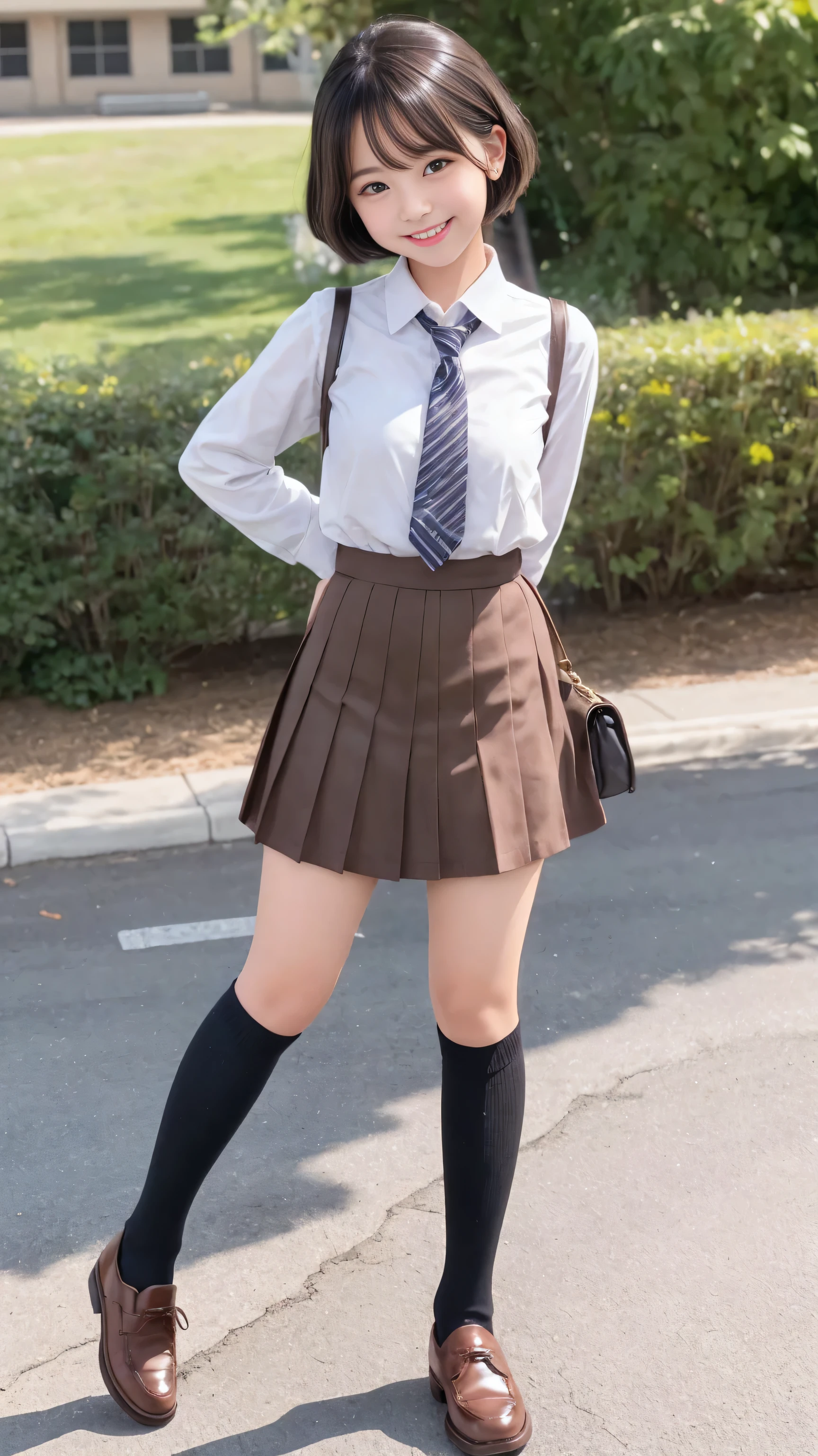 ((full body shot))、realistic,photorealistic,Super detailed,perfect shading,shiny skin,Big eyes、long eyelashes、Neat and clean hairstyle、smile、open your mouth、school life,,girl,light smile,schoolyard、inner thigh、spread legs、black knee high socks、brown loafers、standing alone、random pose