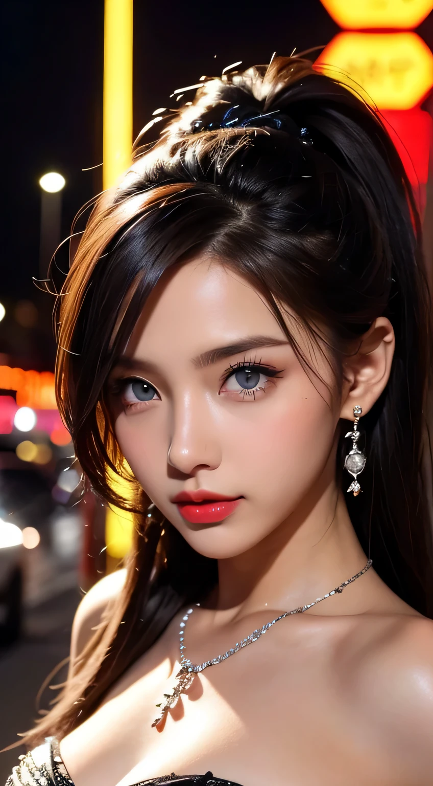 Urban beautiful girl college student, masterpiece, light makeup, red lips, silver hair, messy long hair, street background, beautiful, elegant. super fine details, master works, authentic texture, cinematic lighting realism, perfect job, 16K, hd, exquisite features,blue eyes、japanese idol、Beautiful Face、cute smile、brown hair、beautiful hair、Stylish hair style,glamorous、 big breasts、erect nipples、Oily muscle、shiny skin、tanned skin、Black glowing skin、Wearing carnival costume, bright big eyes, smooth skin, earrings, necklace, tattoo