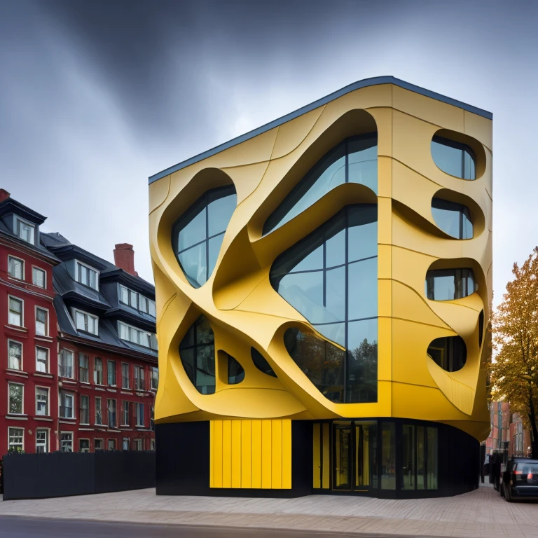 a photo of a modern building with the yellow facade in folds in the style midjor, epic sky, 