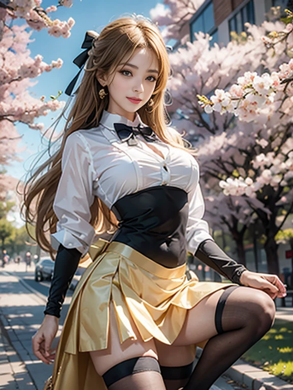 ((whole body)), ((from below)), ((walk in the park)), ((realistic)), 1 girl, looking at viewer, detailed scene, straight hair, air bang, beautiful hair accessories, brownish yellow hair, ((white colored blouse, Short tight skirt, neck bow tie, high heel)), (Campus Style), warm lighting, warm color palette, More details, very detailed, (masterpiece, best quality), (Very detailed and beautiful work), delicate earrings, delicate necklace, simple blurred background, extreme detail description, Ultra-fine painting, delicate face, slim body, (smile, tooth exposure), (anatomy correct), Big and attractive breasts, stockings, Cherry Blossom, thin waist