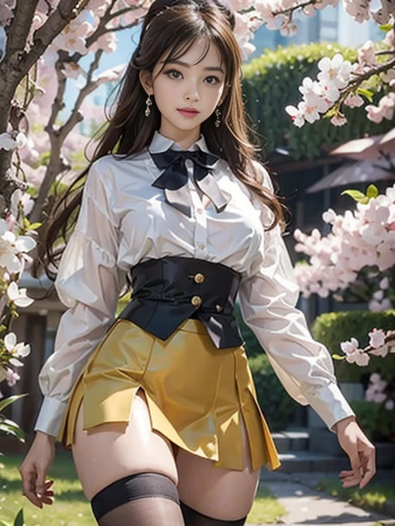 ((whole body)), ((from below)), ((walk in the park)), ((realistic)), 1 girl, looking at viewer, detailed scene, straight hair, air bang, beautiful hair accessories, brownish yellow hair, ((white colored blouse, Short tight skirt, neck bow tie, high heel)), (Campus Style), warm lighting, warm color palette, More details, very detailed, (masterpiece, best quality), (Very detailed and beautiful work), delicate earrings, delicate necklace, simple blurred background, extreme detail description, Ultra-fine painting, delicate face, slim body, (smile, tooth exposure), (anatomy correct), Big and attractive breasts, stockings, Cherry Blossom, thin waist