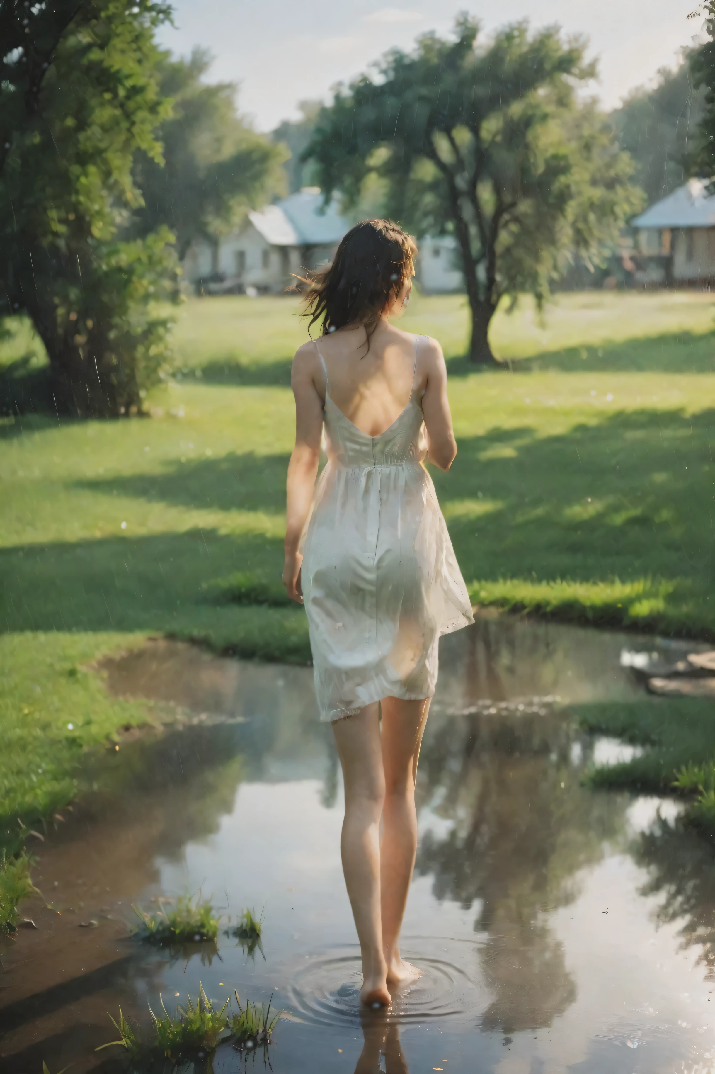 （masterpiece）,（best quality）,（Super detailed）,（Horizontal composition）,1 girl,back view,White dress,Walking on the grass,rain,Sunshine after the rain，Small patches of water on the ground,barefoot,Close-up of the legs,Reflection on the surface of the water
