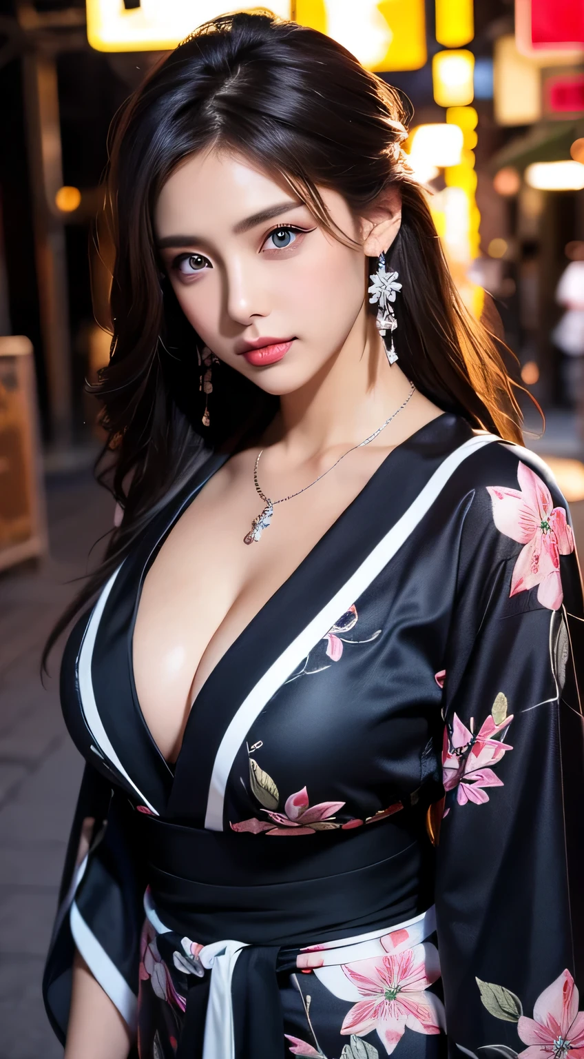 Urban beautiful girl college student, masterpiece, light makeup, red lips, silver hair, messy long hair, street background, beautiful, elegant. super fine details, master works, authentic texture, cinematic lighting realism, perfect job, 16K, hd, exquisite features,blue eyes、japanese idol、Beautiful Face、cute smile、brown hair、beautiful hair、Stylish hair style,glamorous、 big breasts、erect nipples、Oily muscle、shiny skin、tanned skin、Black glowing skin、Wearing a yukata, bright big eyes, smooth skin, earrings, necklace, tattoo