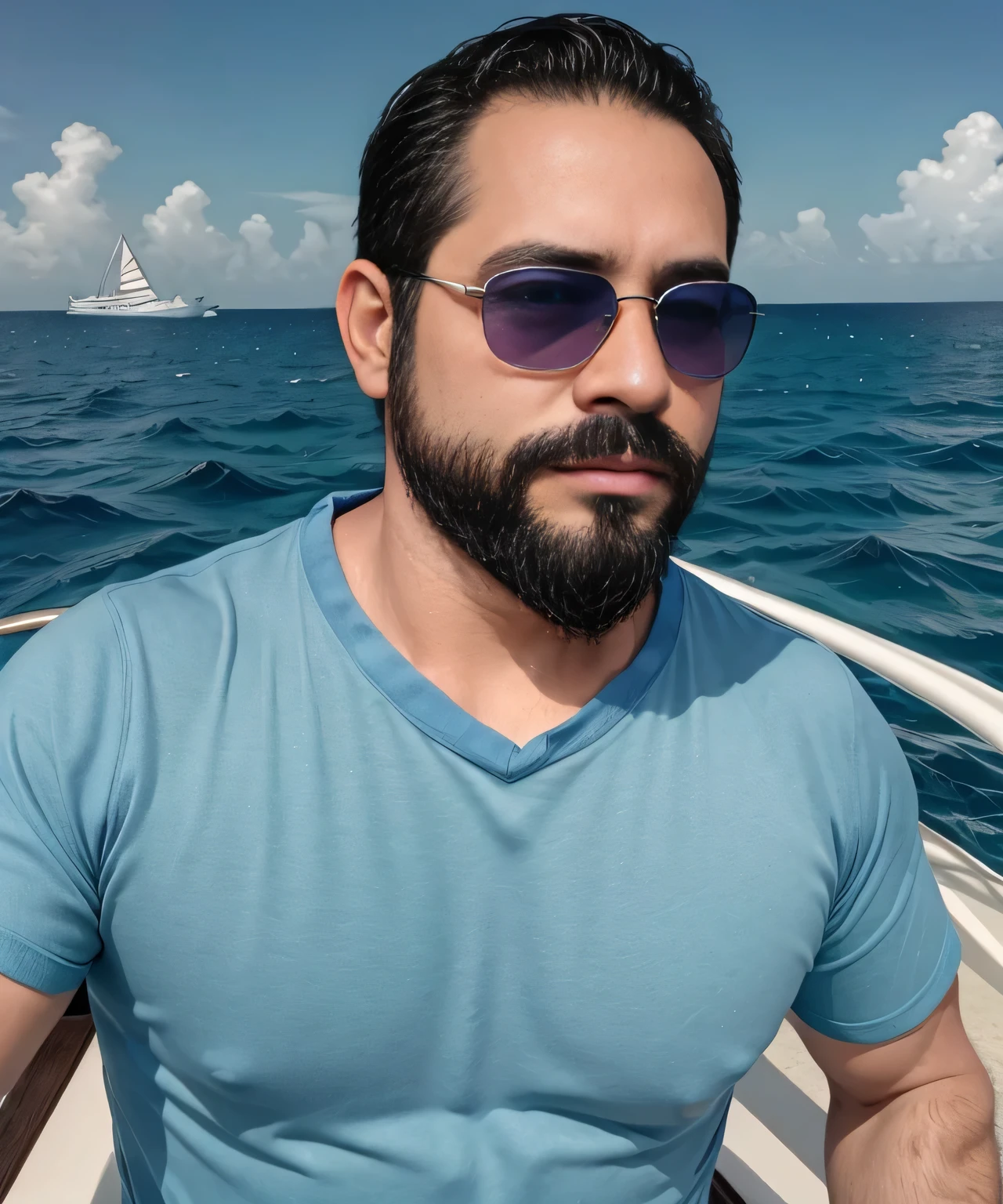 Parte superior del cuerpo, 38 year old man with beard and sunglasses. Hombre vistiendo playera azul, sailing in Cancun surrounded by men , muy hermoso. Super polished and cool, plano medio de un guapo.