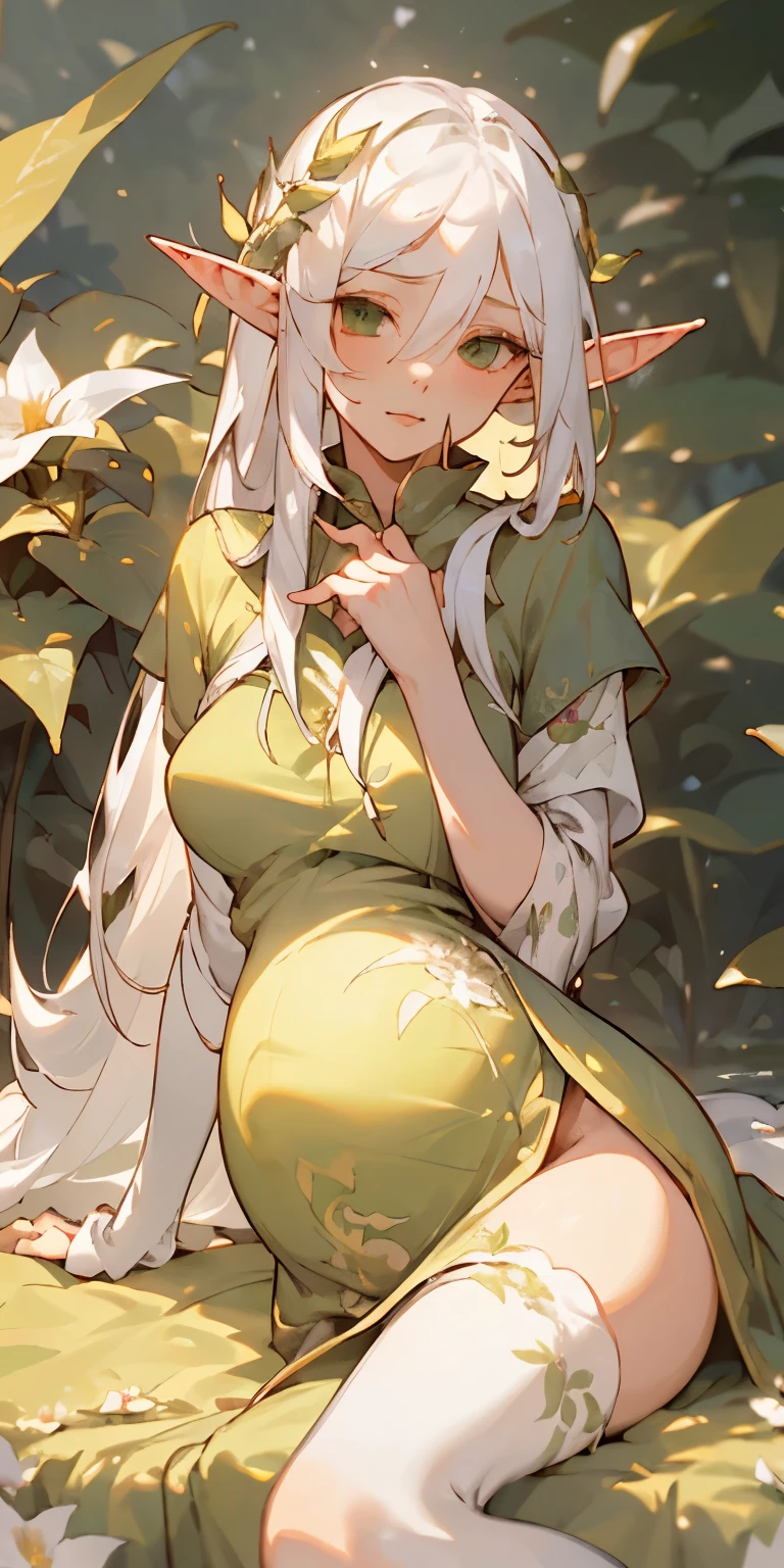 (masterpiece, best quality),1girl with long white hair sitting in a field of green plants and flowers, her hand under her chin, warm lighting, green dress, blurry foreground, elf, pregnancy