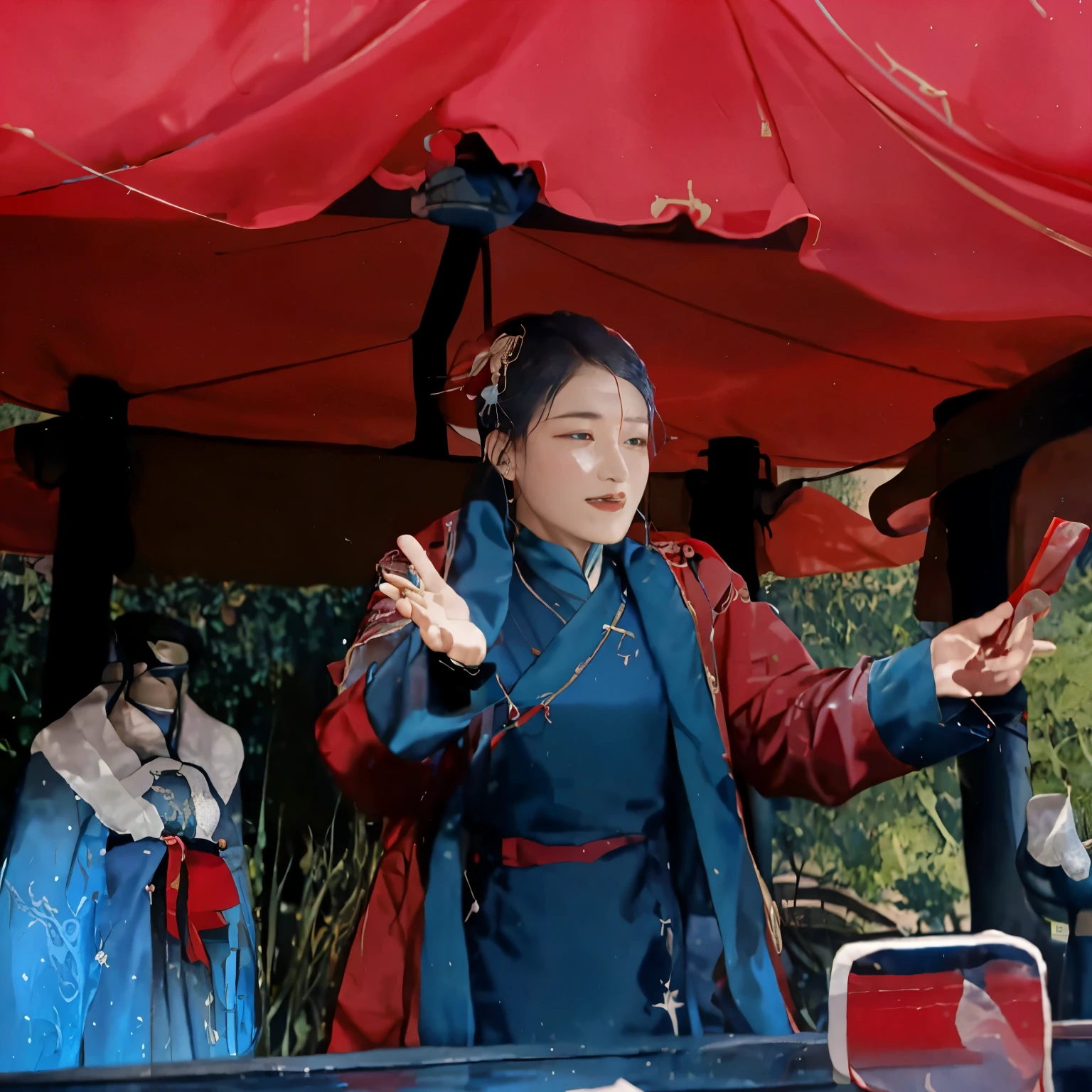 woman in blue and red dress standing under a red tent, queen of the sea mu yanling, chinese empress, inspired by Emperor Huizong of Song, inspired by Zhang Zeduan, hanfu, chinese woman, inspired by Min Zhen, inspired by Li Mei-shu, wearing ancient chinese clothes, peking opera, she expressing joy, inspired by Li Di