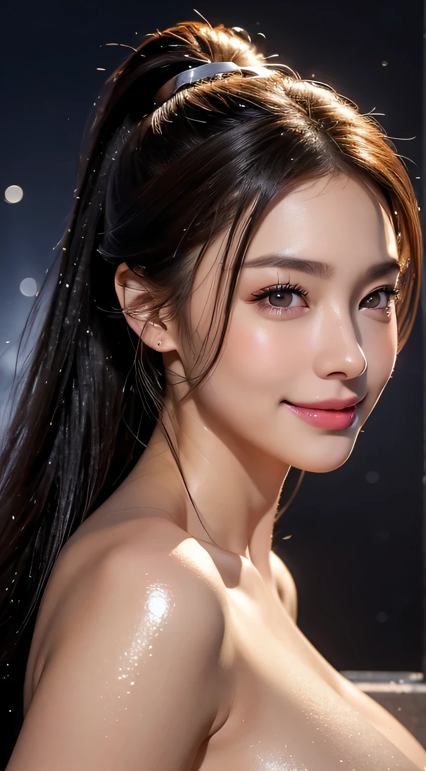 Beautiful woman，body portrait、8k，thin and beautiful eyes，Dindal effect、masterpiece, 最high quality, high quality, High resolution、very detailed photos、(natural skin texture、fine skin、hyper realism、Super sharpness)、high detail skin、(very detailed、fine skin texture、intricate details、beautiful face、(lifelike face)、realistic eyes、beautiful and detailed eyes、ponytail、real looking skin、beautiful skin、big breasts、G cup、glamorous、shiny skin、oily muscles、take a shower in the bathroom、surreal、very detailed、golden ratio、with smiling eyes、((night moonlight background))、body portrait