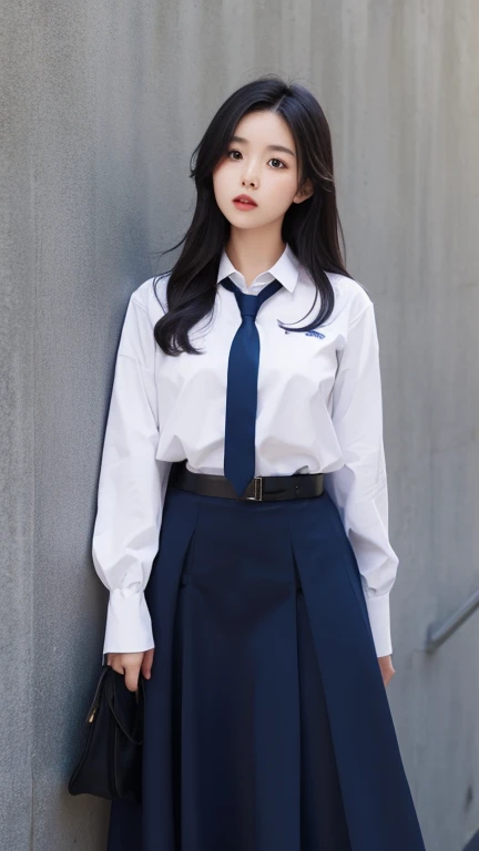 girl, convent, white shirt, long sleeves, loose necktie, navy blue long skirt, black belt,