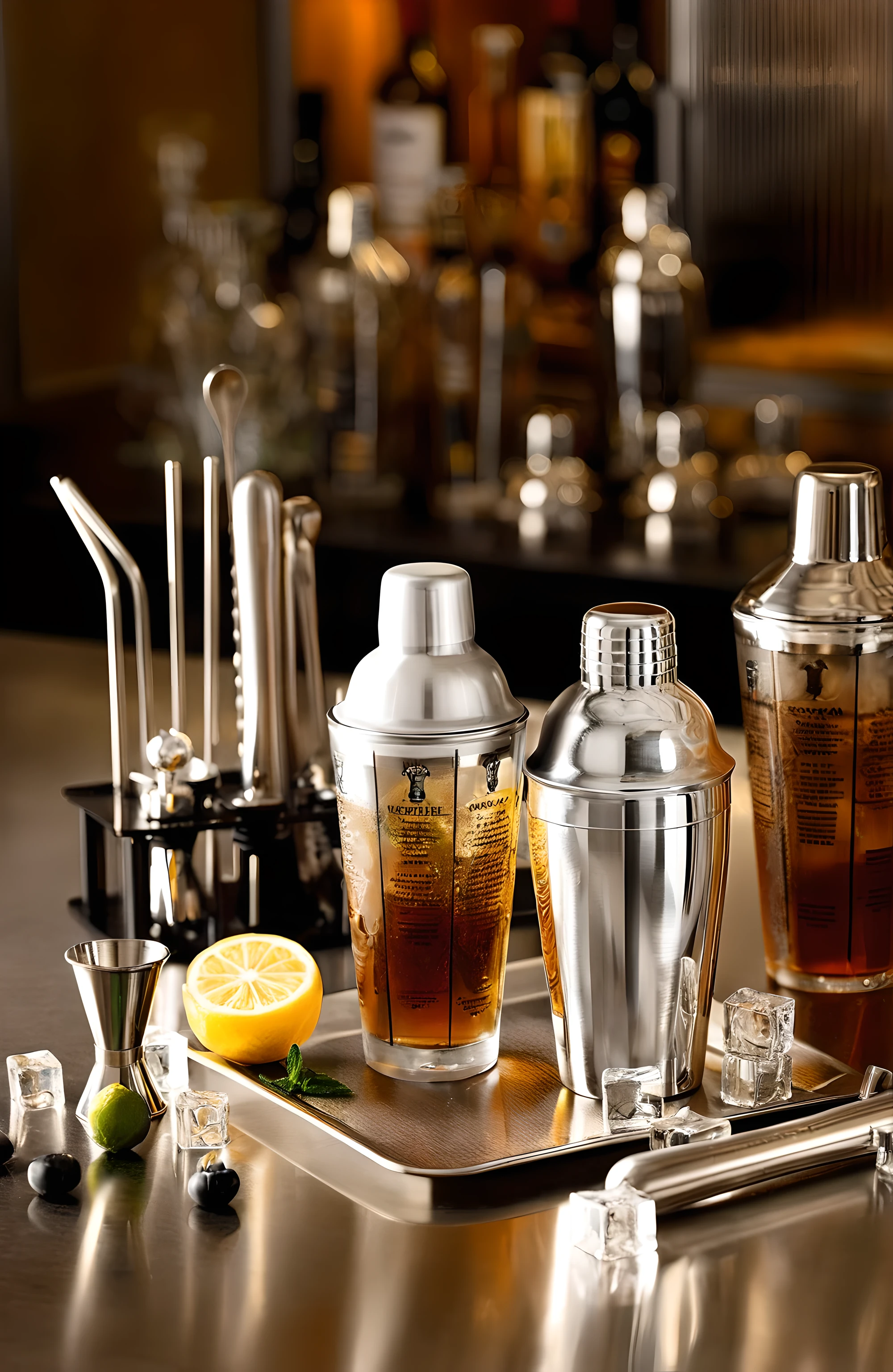 Create a photorealistic image showcasing the gleaming essence of a professional bartender's station in a moment of stillness. The composition centers on a flawless stainless steel counter, its surface polished to a mirror-like finish, reflecting the warm, ambient light of a sophisticated bar interior. The steel's high shine and lustrous texture are free from any blemishes, emphasizing the clean, pristine condition of the work area.
Atop this immaculate surface sits a trio of Boston shakers, their contents a rich amber liquid mingling with ice. The stainless steel of the shakers boasts a similar impeccable sheen, with high gloss that captures and bends the light, contributing to the overall spotless aesthetic.
Arranged with precision on a sleek matte black stand are various bartending tools—barspoons, strainers, and jiggers. Each tool is crafted from stainless steel, displaying a strong, glossy texture that speaks to the station's unblemished and luminous character.
Accents of natural color come from a freshly cut lemon and a small lime, alongside a sprig of mint, evoking a sense of freshness. In the softly blurred background, premium bottles of alcohol are hinted at, their silhouettes and the deep colors of their contents suggesting luxury and quality.
Completing the scene, scattered ice cubes lie on the counter, crystal clear and without a trace of melting or smudging, each one catching the light to sparkle against the backdrop of this immaculate and radiant bartender's haven.