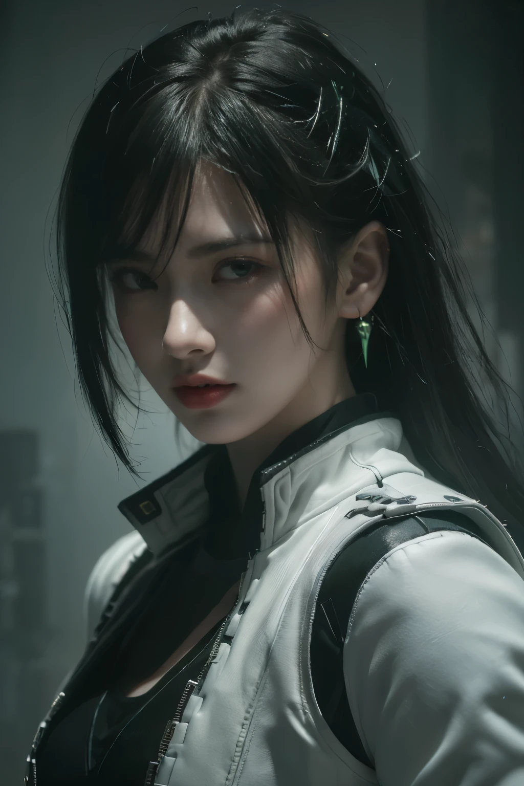tmasterpiece,Best quality,A high resolution,8K,(Portrait photograph:1.5),(ROriginal photo),real photograph,digital photography,(Combination of cyberpunk and fantasy style),(Female soldier),20 year old girl,random hair style,By bangs,(Red eyeigchest, accessories,Redlip,(He frowned,Sneer),(Cyberpunk combined with fantasy style clothing,Openwork design,joint armor,police uniforms,White jacket,Green),exposing your navel,Photo pose,Realisticstyle,Thunder and lightning on rainy day,(Thunder magic),oc render reflection texture