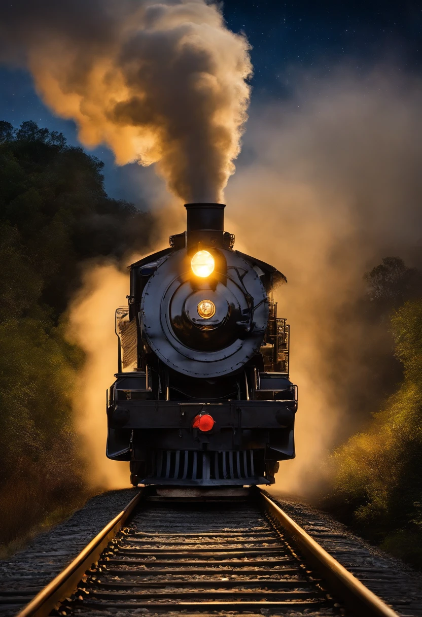 Beneath the starry night, a steam train named "Trem, trem Maria" chugs along, its smoke plume billowing high into the sky, painting the air with an ethereal glow. The cartoon-like scene unfolds in ultra-dimensional clarity, every detail crisp and vibrant in 4K resolution. The train's bright headlight pierces through the darkness, casting long, captivating shadows on the tracks as it speeds by. You can almost hear the powerful rumble of the engine mixing with the rhythmic chugging of the train, creating a symphony of motion and sound. As the train passes by, a family of four, with wide eyes and expressions of delight, waves