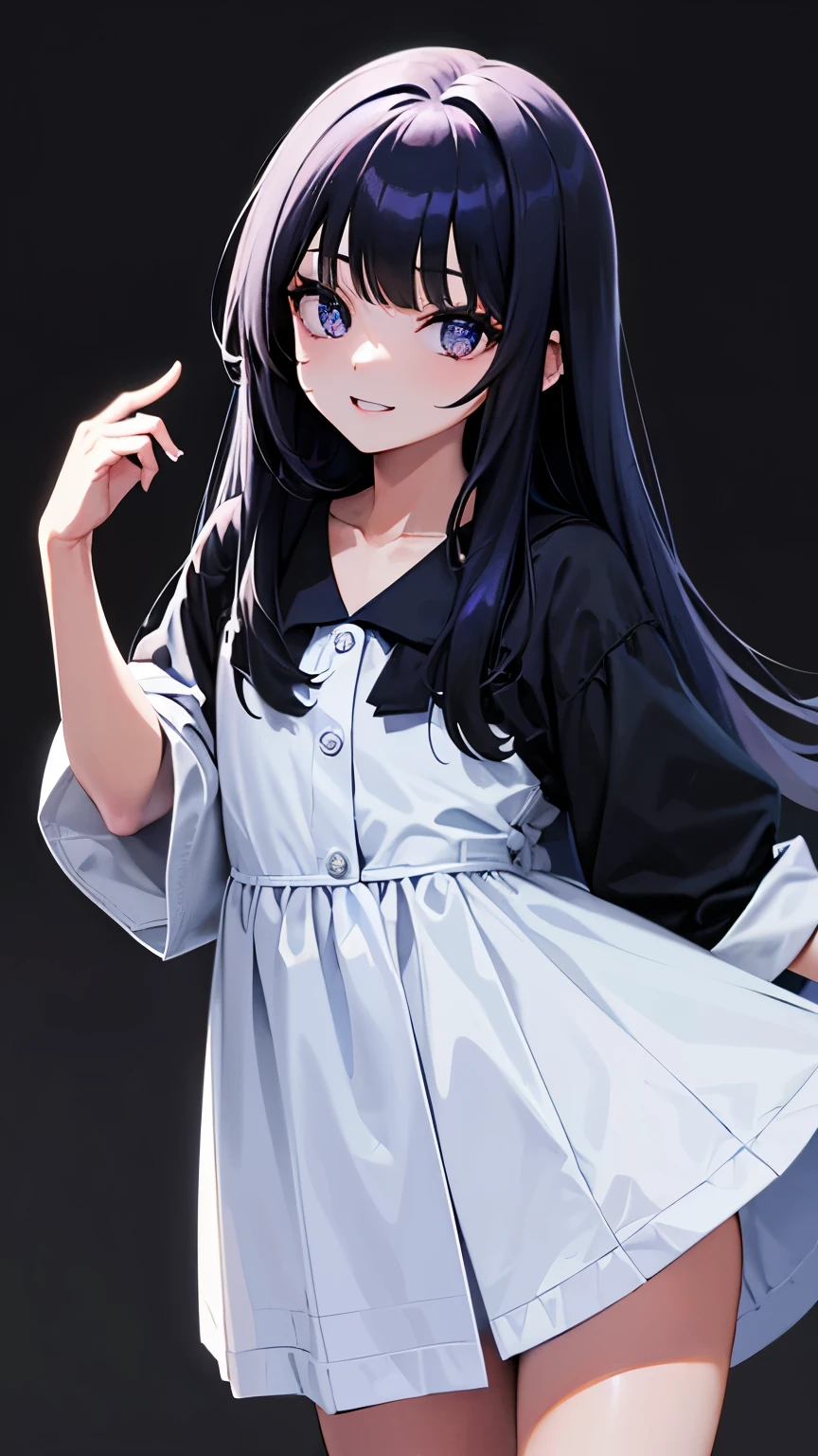 Chica de cabello negro en dos coletas ojos azules marcas de gato en las chaqueta corta azul oscuro casi negro y peluche en el cuello de la chaqueta y traje de lenceria negra con un cinturon de cuero negro en sus caderas sonrisa sexy