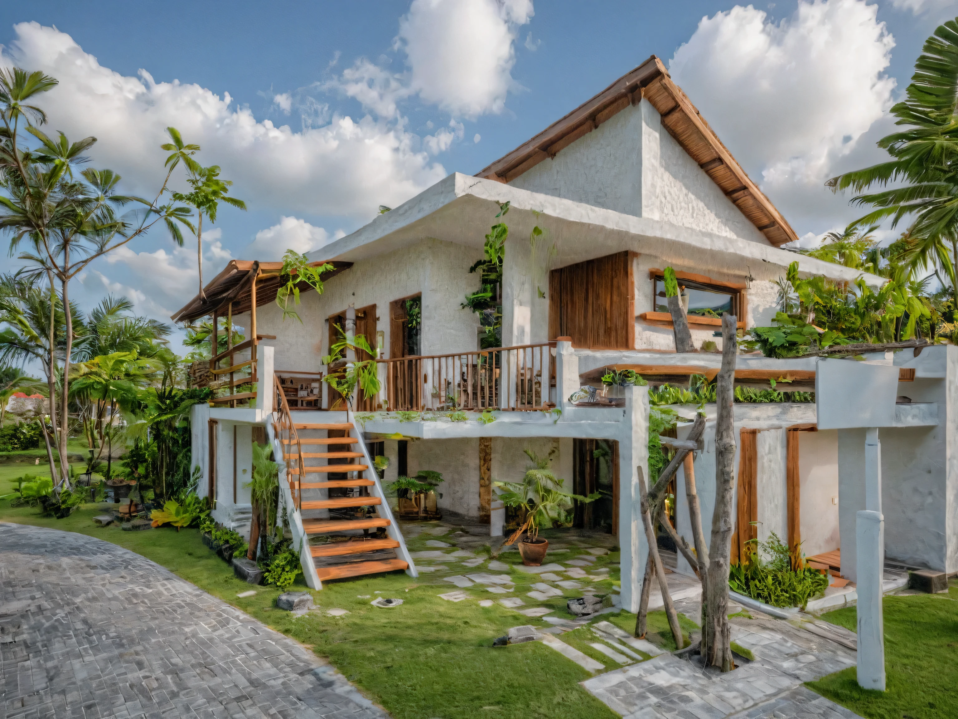 Masterpiece, high quality, best quality, authentic, super detail, outdoors tropical villa, onestoreyvillaXL, aiaigroup, house style modern on the street ,stairs, white wall ,road,pavement, grass, trees, sky, cloud, (daylight:1.1)