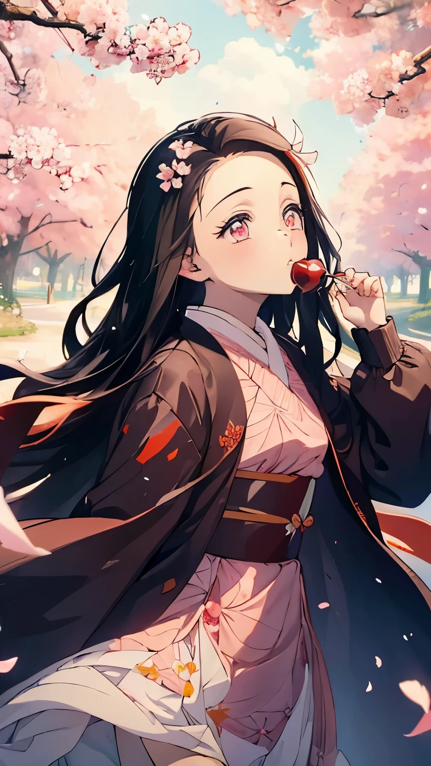 ((((masterpiece)))), best quality, very_high_resolution, large_filesize, full color, Cherry blossom trees, cherry blossom petals, Nezuko, Chibi, Full of light, Bokeh, Looking up at the cherry blossom trees, chibi, put it in your mouth