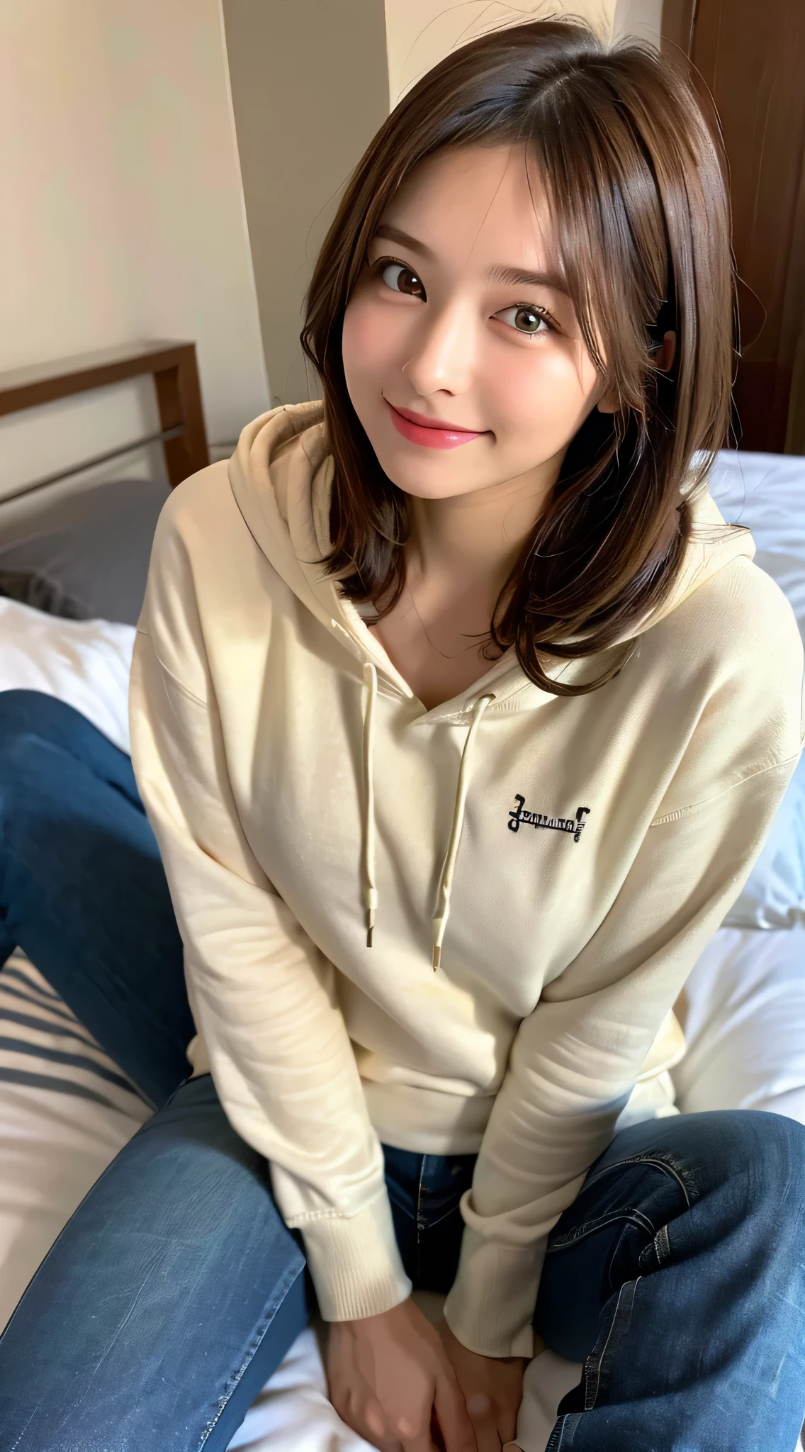 ((highest quality, 8k, masterpiece: 1.3)), 1 female, Japanese Idols,Sensual beauty: 1.3, (Hair style brown hair short hair, big: 1.2), hoodie: 1.1, Very friendly face, Delicate eyes, double eyelid, Dimples,Mole, Sit on the sofa,relax,smile,Plump body,mole,very thick paws,Moe sleeves,Cowboy shot from above,