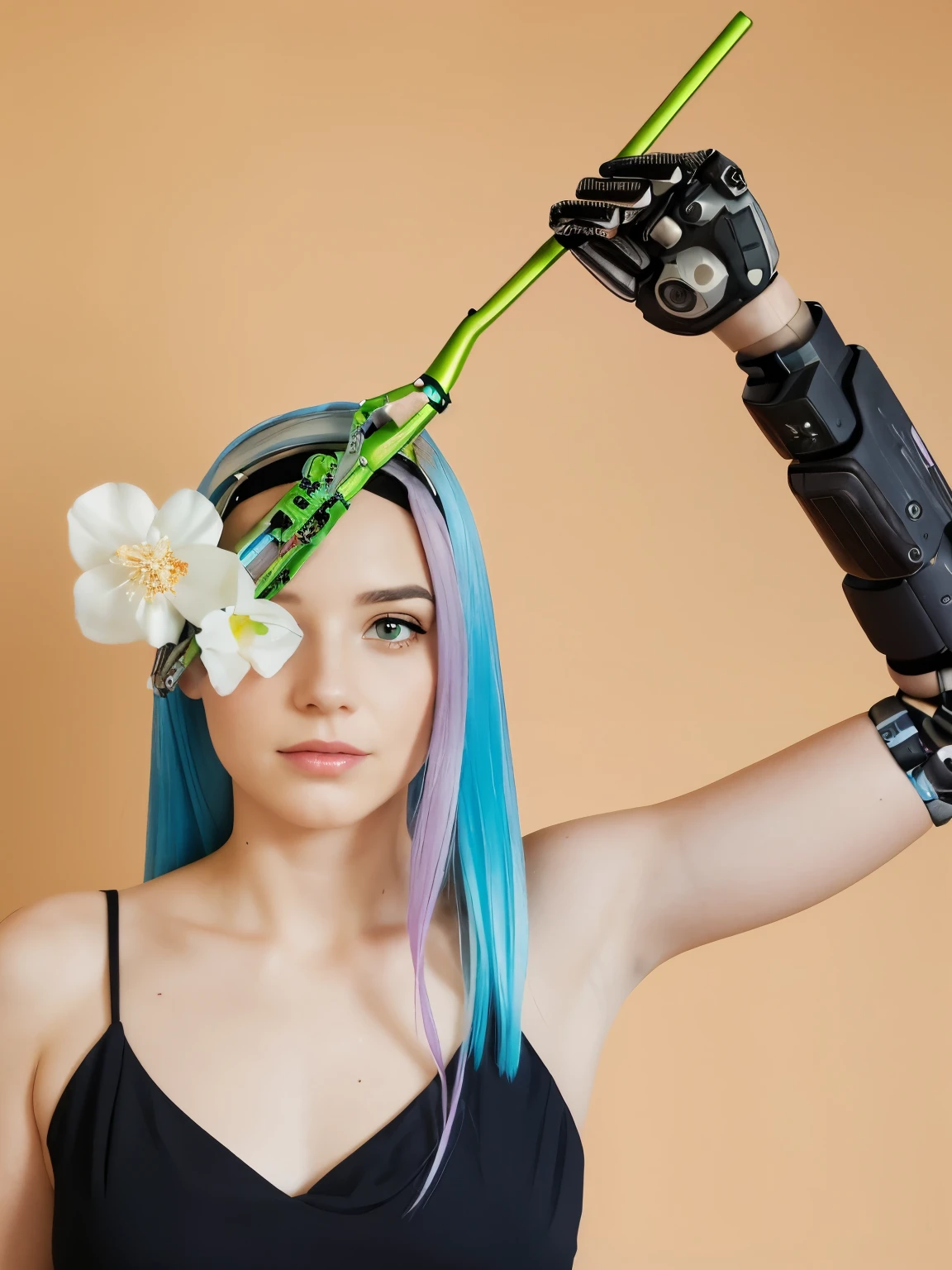Aalfid woman,blue hair,Pink and blue hair,holding a flower in hand, Kind girl with flowers, White arms and eyes, prosthetic limb, prosthesis, wearing bionic implants, wearing epic bionic implants, With robotic arm, cyberpunk flowerpunk, bionics, Left Arm, robotic prosthesis, robotic prosthetic limb, prosthesis, bionic implants