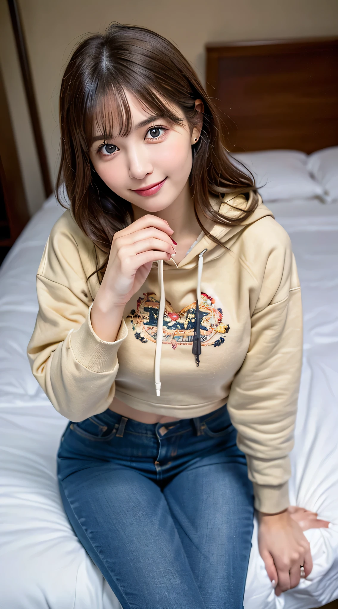 Seed 4127110832,((1 young and beautiful girl: 1.4)),(8K, RAW photo, highest quality, table top: 1.2),cinematic light,brown hair,detailed and beautiful eyes,huge breasts, light makeup,(Surface details:1.3),(gentle smile),(Casual hoodie and jeans:1.3),(Cute decorated home setting:1.3),(Sitting cross-legged on the bed:1.3),(From above)