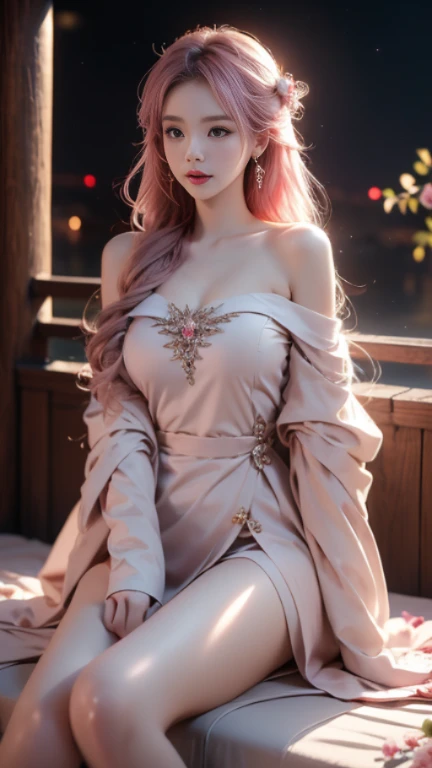 shenzi,1 girl,long hair,pink hair,purple eyes,very long hair,hair_decoration,Pink kimono, (masterpiece, best quality:1.2), 1 girl, alone, ((off shoulder clothes)), ((night)), lantern, deep in wonderland，The moonlight falls like water，foggy room，The heroine&#39;s figure is vaguely visible，Like a fairy in a painting，Slender sexy legs，very nice legs，Exposes a sexy，big breasts，美丽而又带着一丝mystery的色彩。Her face is beautiful and delicate，Like a finely carved jade，Showing extraordinary beauty。Picturesque eyebrows，The waves in my eyes are like twinkling stars，Show the light of perseverance and wisdom。The bridge of the nose is straight，Lip color like cherry，The slightly raised corners of the mouth reveal confidence and calmness。her face is chiseled，Skin as fair as jade，Reveal a healthy glow，like a fairy, She never eats fireworks in this world。Her makeup is light and delicate，Not too much embellishment，But enough to show her temperament and charm。Light foundation highlights the translucence of the skin，A light eyebrow pencil outlines her perfect eyebrow shape，Eye makeup is eye shadow and eyeliner，Make her eyes brighter and more energetic。嘴唇涂上grace的口红，Add a touch of charm and sophistication。她的衣服grace别致，Clothes fluttering，It seems like it will be blown up by the wind at any time，drifting into the distance。既不失grace，Also showed off her extraordinary skills。Swinging with her movements。Her hair is tied back casually，Secure it with a hosta，A few strands of hair are fluttering gently in the wind，Adds a bit of softness。Her figure is looming in the fairyland，宛如一道big breasts美丽的风景线，Attracted everyone&#39;s concern。She seems like a fairy in wonderland，beautiful breasts、huge breasts:1.4big breasts美丽、grace、mystery、and full of power。