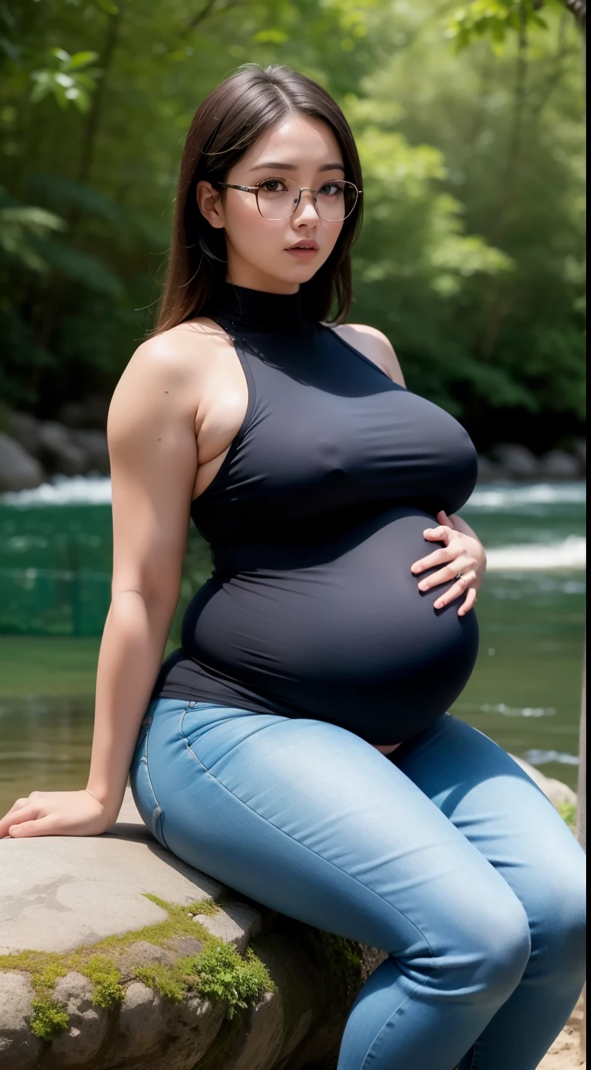 uma pregirl, ((huge pregnant)), rabo de cavalo, thicc, abdominais musculares, Jealous, Olhando para o Viewer, (SFW molhado Skintight Tanque), skintight jeans, Sports Tennis, fotore, realista, Best quality at best, (glasses), Empregado, Rosto detalhado, Sitting on a large rock by the river in the middle of the forest, diffuse lighting, profundidade de campos, Fundo bokeh