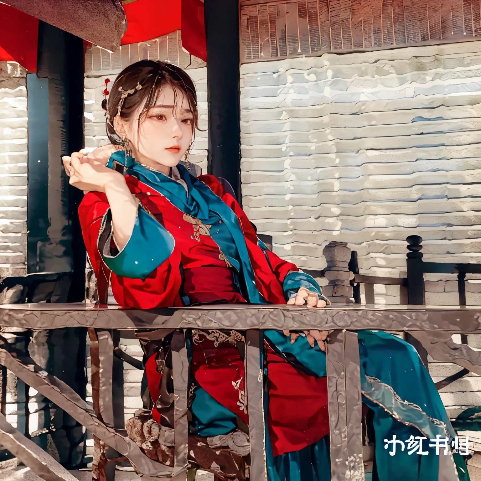 arafed woman in a red and green dress sitting on a bench, queen of the sea mu yanling, wearing ancient chinese clothes, with acient chinese clothes, inspired by Zhang Zeduan, inspired by Yao Tingmei, hanfu, song nan li, inspired by Tang Yifen, inspired by Emperor Huizong of Song, inspired by Gu An