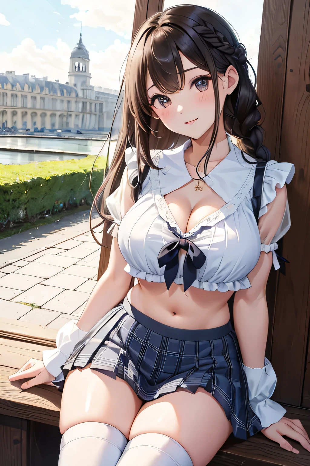 (highest quality:1.4)、High resolution、detailed background)、(detailed beautiful face:1.4)、detailed facial expressions、anatomically correct、beautiful and smooth skin、skin texture、professional lighting、beautiful age girl、(two beautiful girls)、(huge breasts:1.3)、cute hair color、brown hair、braided bob、braided ponytail、realistic、perfect body line、thick thighs、Attractive big ass、cute gesture、cute、sexual expression、Emphasize feminine silhouetteake your body line look beautiful、Sexual buttocks、
Sexy sailor uniform made of see-through material、white sailor collar、Pleated mini skirt with tartan plaid pattern、white knee high socks、pink lace panties、No bra、underboob、emphasize the chest、emphasize cleavage、cute、cowboy shot、
(two beautiful girlsが白い目でスカートを上げてパンティーを見せてくる:1.5)、
squat down、I can see my underwear when I squat down、panty shot、
sexual expression、school trip、Posing against the backdrop of buildings and landscapes、
Palace of Versailles in France、The magnificent interiors and the palace theatre are also highlights.、cute