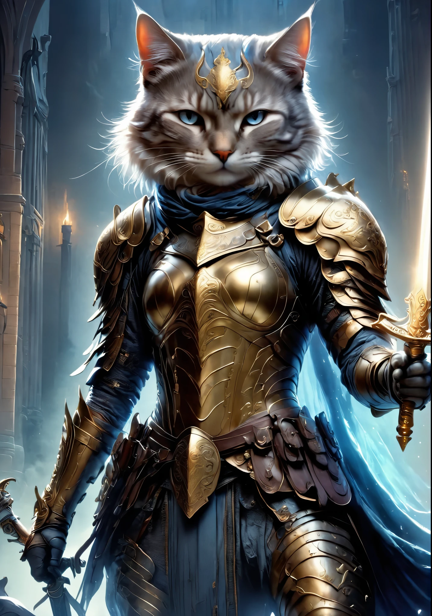 anthropomorphic cat,Cat knight in armor,have a weapon,looking here、A brave look