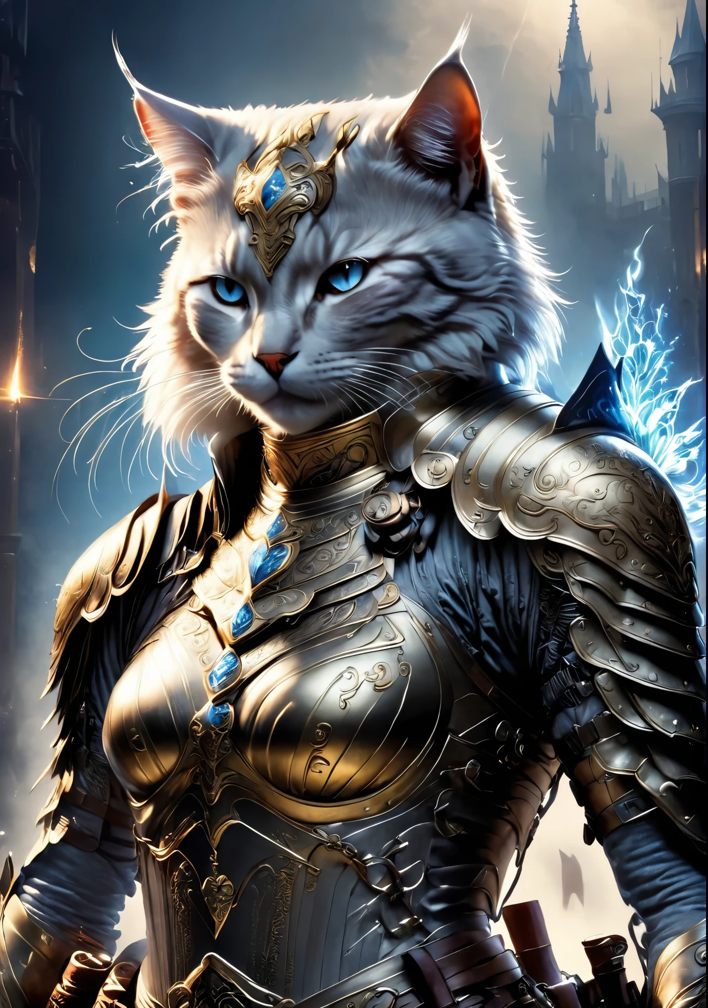 anthropomorphic cat,Cat knight in armor,have a weapon,looking here、A brave look