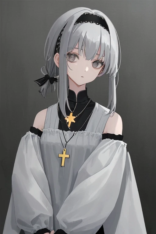 ((highest quality)), ((masterpiece)), (be familiar with), First, let's imagine the main character's appearance.。The main character is a girl、I'm the type who often spends time alone。My hair is grey、Bangs are crisp、This hairstyle is a little longer because it has side locks.。She has a star hair accessory in her hair.、I have a necklace around my neck。Wearing clothes that expose your shoulders、There is a cross necklace around her neck。The eyes are grey、The closed mouth is impressive.。Also、The neck and hair are decorated with fine details.。To tie up your hair、She has a black hairband。The hairstyle is short、The longer locks give it a slightly more unique look.