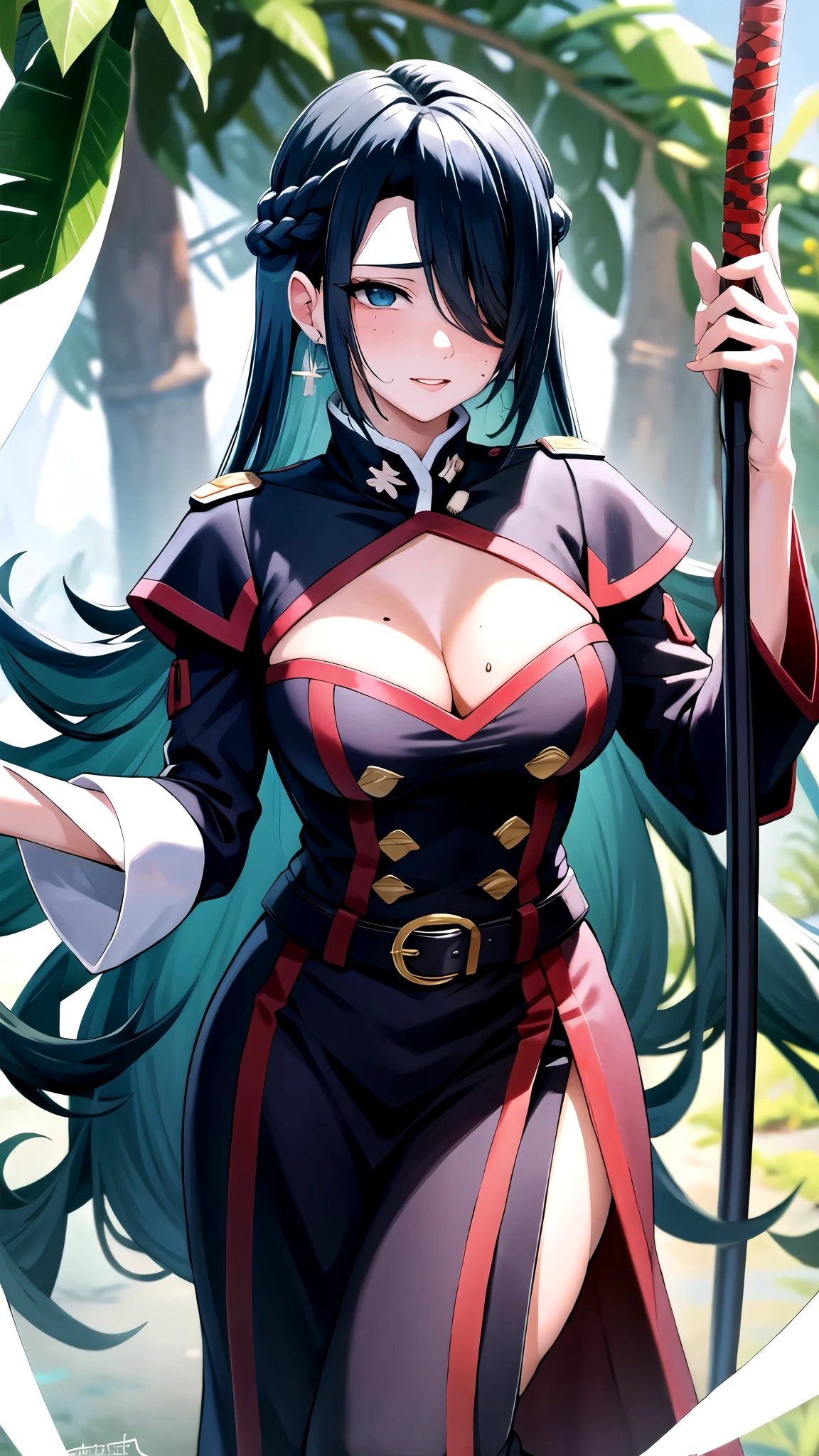 1girl, azumafubukilora, bamboo, bamboo_forest, bangs, black_hair, blue_eyes, blush, bra, braid, branch, breasts, cleavage, drawing_sword, earrings, hair_over_one_eye, holding, holding_sheath, holding_sword, holding_weapon, jewelry, katana, large_breasts, leaf, long_hair, long_sleeves, looking_at_viewer, mole, mole_on_breast, mole_under_eye, palm_leaf, palm_tree, parted_lips, plant, potted_plant, rain, scabbard, sheath, sheathed, solo, sword, tanabata, tanzaku, tree, unsheathing, upper_body, vines, water_drop, weapon, wet