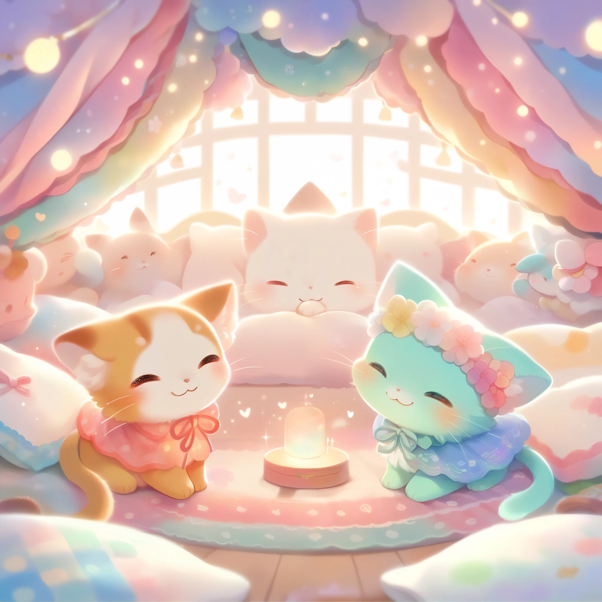 cuteAn illustration,Catの幼稚園,Catの親子:animal:cute:Snuggle up close:sleep:comfortable and warm:looks happy,An illustration,pop,colorfulに,color,dim,lamp light,Catの親子が眠っています:dream happy dreams,The room is warm and full of happiness,,colorful,fancy,fantasy,patchwork:quilt,Detailed details,fluffy,randolph caldecott style,Cat,最高にcuteCat,fluffyCat,豊富なcolor,Cast colorful spells,concentrated,Optimal configuration,perfect composition,accent,子供が喜ぶAn illustration,For children,Feel warm,wonderful like a dream,幸せで楽しそうなCat達,Children's Toys,dance,Children&#39;my room,group photo,a bit,Cast colorful spells,Sparkling,heart