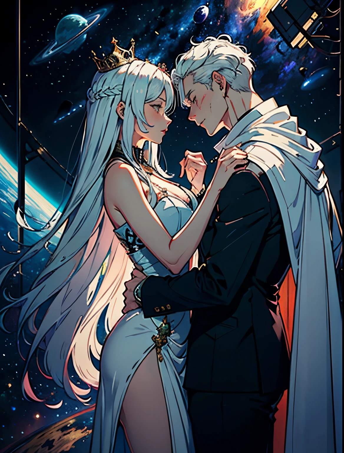  ((figure)), colorful, wallpaper, energy,secret,magical environment, Snazzy, perfection, elegant kindness, trendy Art Station, romance, passion, nice, Lovers,  Lovers, touch, very detailed, look at each other,god々New,godのように美New,White-haired and silver-haired lovers,long hair,swaying hair,wearing a crown,god々King and Queen of,space background,Couples with height difference,There is a difference in physique