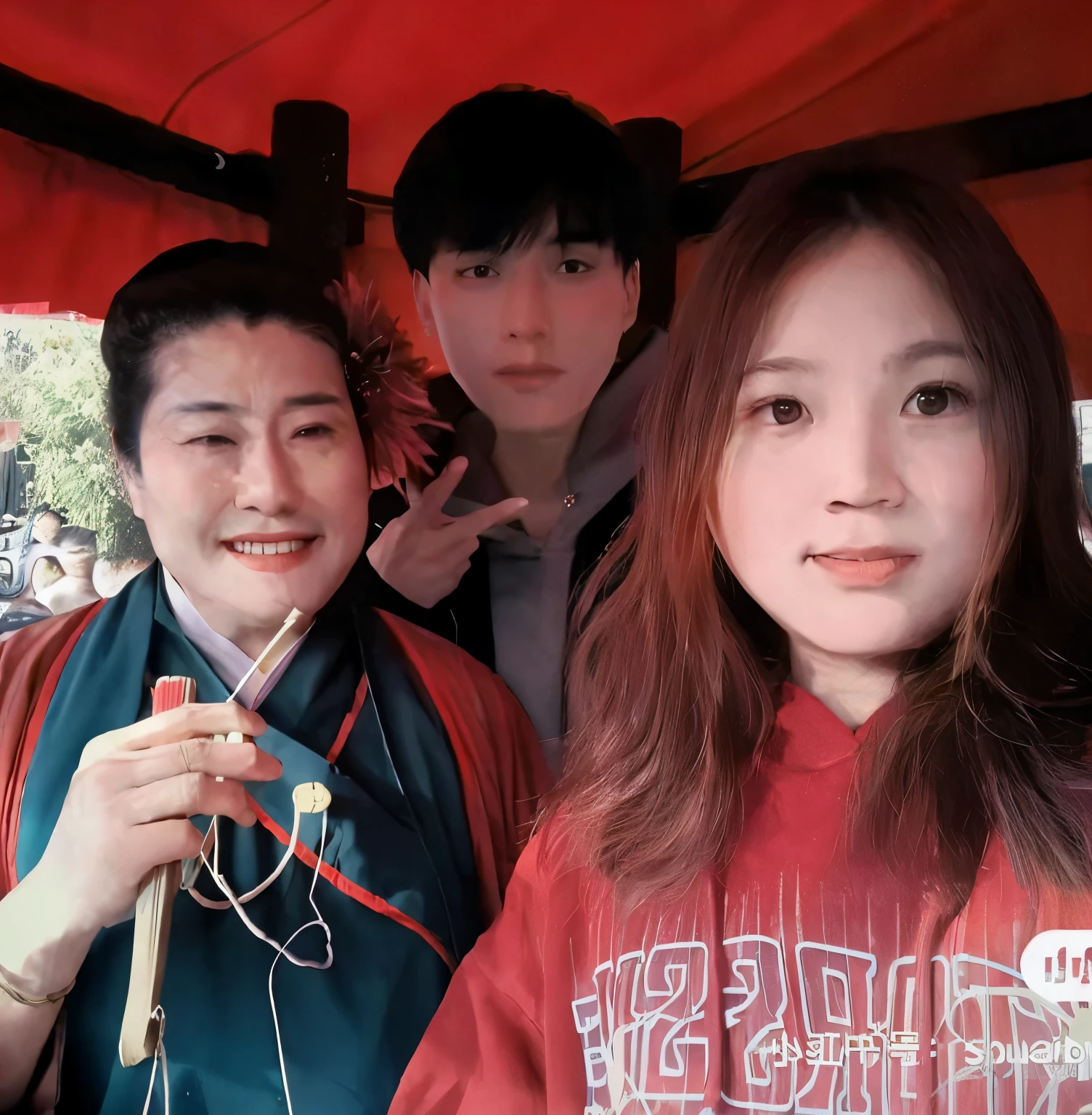 they are standing on a stage with a microphone and a red curtain, ruan jia and fenghua zhong, youtube video screenshot, Chiba Yudai, screenshot from a movie, lady, scene from live action movie, traditional chinese, Hungry Ghost Festival, jia, trending ，, bian lian, yan, opening scene