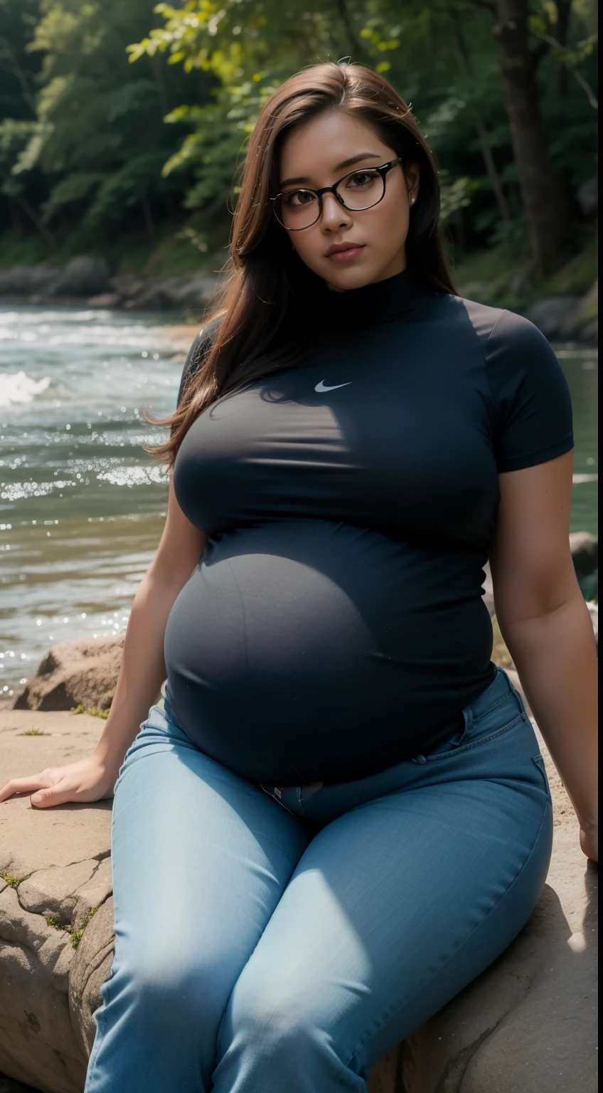 uma pregirl, ((huge pregnant)), rabo de cavalo, thicc, abdominais musculares, Jealous, Olhando para o Viewer, (SFW molhado Skintight Tanque), skintight jeans, Sports Tennis, fotore, realista, Best quality at best, (glasses), Empregado, Rosto detalhado, Sitting on a large rock by the river in the middle of the forest, diffuse lighting, profundidade de campos, Fundo bokeh