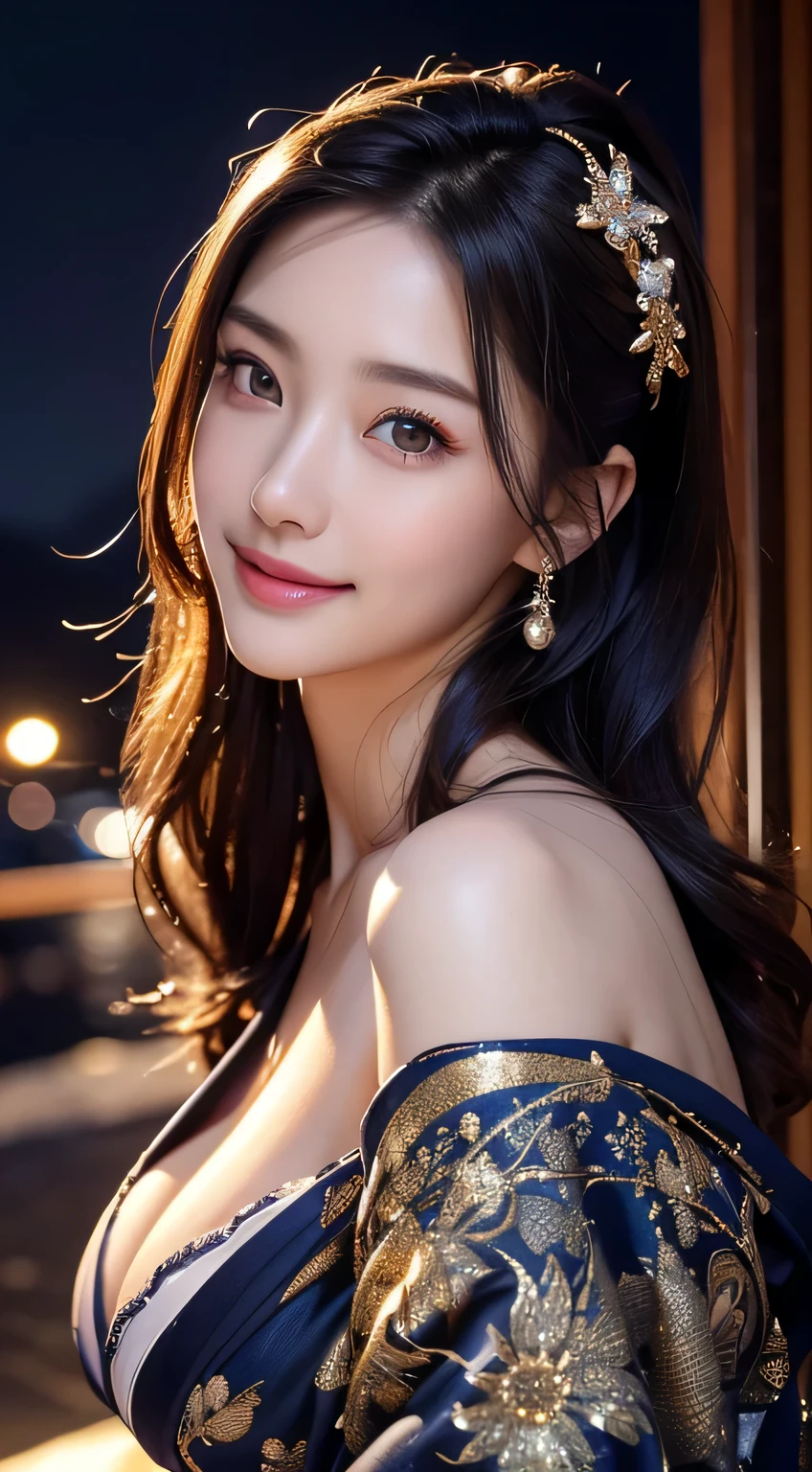 Beautiful woman in kimono,body portrait、8k,thin and beautiful eyes,Dindal effect、masterpiece, 最high quality, high quality, High resolution、very detailed photos、(natural skin texture、fine skin、hyper realism、Super sharpness)、high detail skin、(very detailed、fine skin texture、intricate details、beautiful face、(lifelike face)、realistic eyes、beautiful and detailed eyes、real looking skin、beautiful skin、big breasts、G cup、glamorous、shiny skin、knit dress、squat、surreal、very detailed、golden ratio、with smiling eyes、((night moonlight background))、body portrait
