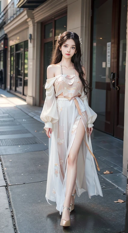((actual)), a young girl, Beautiful age girl, White floral long dress, high waist, nice belt, Off the shoulders, Slim, thin waist, High heel, Shy, Grinning, beautiful breasts、huge breasts:1.4、ear nipple ring、necklace、hairpin，Heavy makeup，Gorgeous eye makeup，extremely beautiful eyes, blond hair, curls, flowing long hair, Simple background, in the mall, Walk freely, cross legs, flirty skirt, Posing for photos, pose elegantly, Random shooting angle, warm light, warm color palette, professional lighting, photon mapping, Wireless City, Physically based rendering, original photo, best quality, beautiful face,  beautiful skin， attractive， ultra high resolution， Super real photos