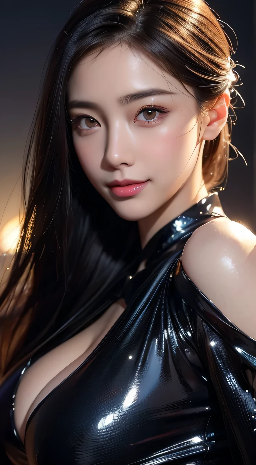 Beautiful woman in kimono,body portrait、8k,thin and beautiful eyes,Dindal effect、masterpiece, 最high quality, high quality, High resolution、very detailed photos、(natural skin texture、fine skin、hyper realism、Super sharpness)、high detail skin、(very detailed、fine skin texture、intricate details、beautiful face、(lifelike face)、realistic eyes、beautiful and detailed eyes、real looking skin、beautiful skin、big breasts、G cup、shiny skin、shiny bodysuit、squat、surreal、very detailed、golden ratio、with smiling eyes、((night moonlight background))、body portrait