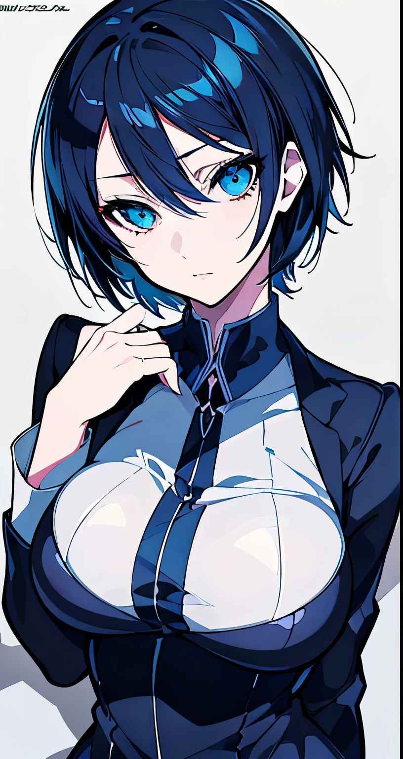 ((Beautiful Beautiful Girl)),(dark Blue heart color eyes), 1  and slender woman, degree々big breasts, ((glay color hair)),((short Hair)),In 8K, top quality, (highly detailed head: 1.0), (very detailed face: 1.0), (highly detailed hair: 1.0),((dress Clothes )),Detailed official artwork, clean detailed anime art,