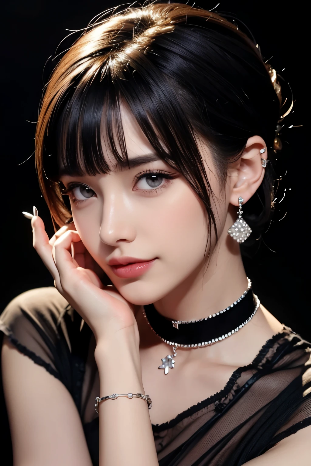 Pilyeon, Solo, 1girl in, Black nails, Jewelry, Short hair, Looking at Viewer, Choker, Necklace, hand on own face, Piercing, ((Black background)), heart mark, Closed mouth, grey eyes, nail polish, Simple background, Grey Hair, ear piercings, Black Choker, Smile, Eyelashes, Lips, hands on own cheeks, Bangs, Bracelet, bead, Pedras preciosas, earrings, Fingernails