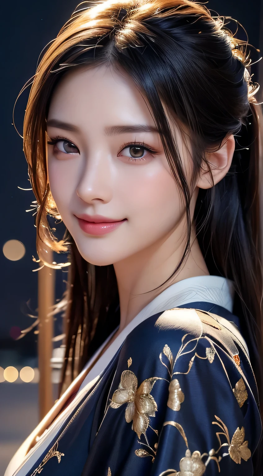 Beautiful woman in kimono,body portrait、8k,thin and beautiful eyes,Dindal effect、masterpiece, 最high quality, high quality, High resolution、very detailed photos、(natural skin texture、fine skin、hyper realism、Super sharpness)、high detail skin、(very detailed、fine skin texture、intricate details、beautiful face、(lifelike face)、realistic eyes、beautiful and detailed eyes、real looking skin、beautiful skin、surreal、very detailed、golden ratio、with smiling eyes、((night moonlight background))、body portrait