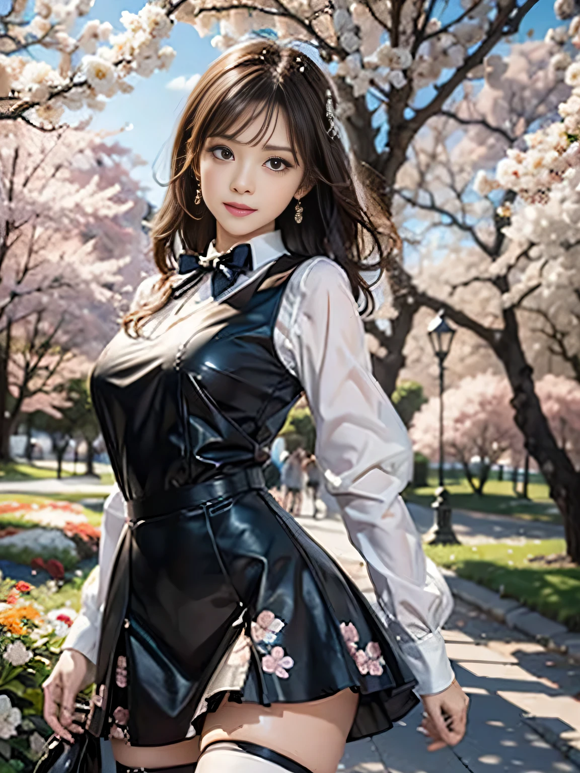 ((whole body)), ((from below)), ((Smelling the scent of flowers)), ((realistic)), 1 girl, looking at viewer, detailed scene, Curly hair, air bang, beautiful hair accessories, Short yellow hair with a brown tint, ((white colored blouse, short black tight skirt, neck bow tie, high heel)), (Campus Style), warm lighting, warm color palette, More details, very detailed, (masterpiece, best quality), (Very detailed and beautiful work), delicate earrings, delicate necklace, simple blurred background, extreme detail description, Ultra-fine painting, delicate face, slim body, (smile, tooth exposure), (anatomy correct), tight dress, cherry blossom road with river, Walking figure, stockings