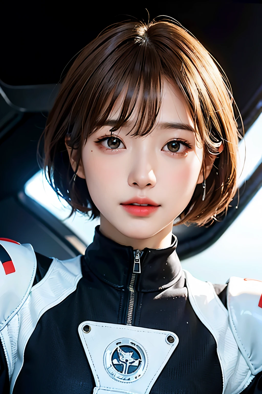 highest quality、masterpiece、ultra high resolution、(real:1.4)、Beautiful woman１、Beautiful details of eyes and skin、light brown short cut hair、small smile、latest space suit、space station、spaceship、Remains、cloudy sky、
